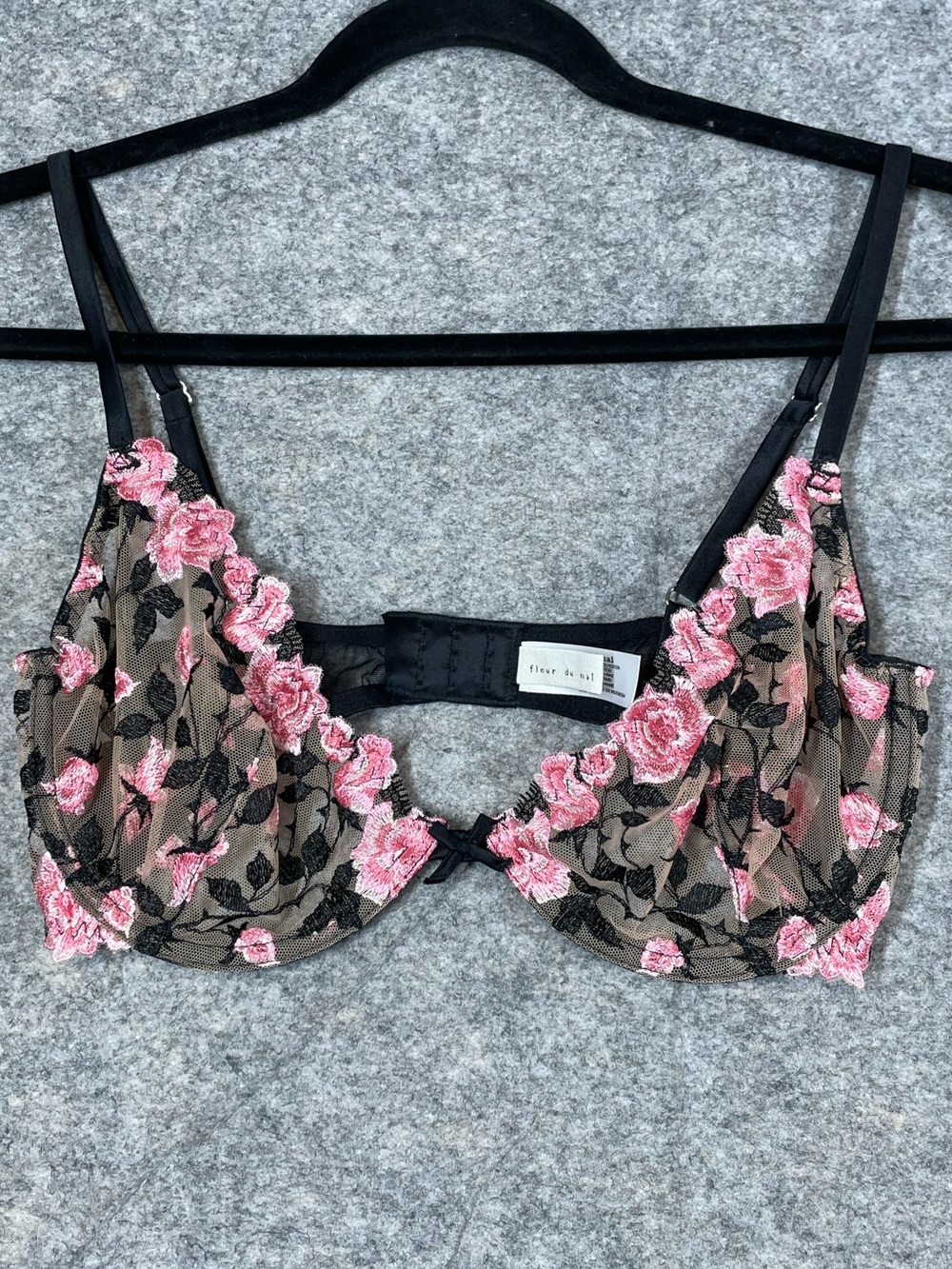 Fleur du Mal Pink Silk Floral Embroidered Lace Bra Black Sheer Romantic Lingerie